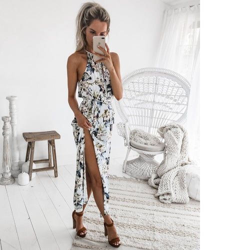 Women Long Maxi Dresses Bohemia Sleeveless Floral Print Ethnic Summer Beach Female Split Stylish Asymmetrical Dress Vestid